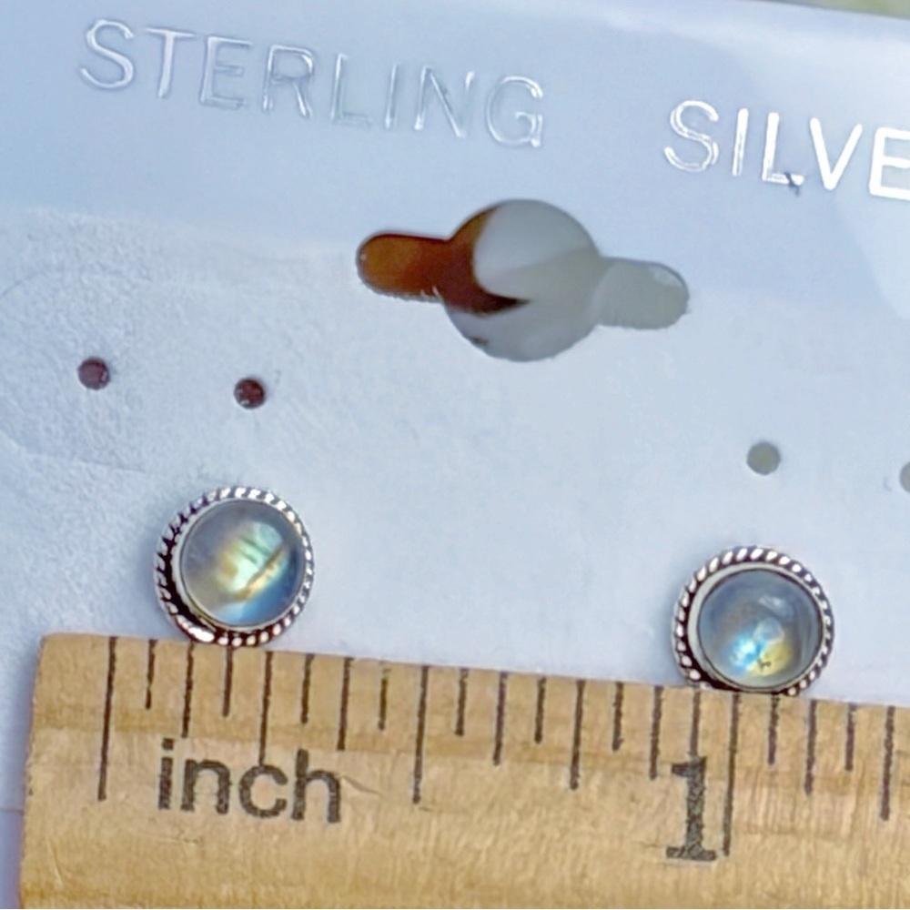 Pure Sterling Silver 925 Rainbow Moonstone Stud Earrings Southwest Blue Yellow - Picture 6 of 7